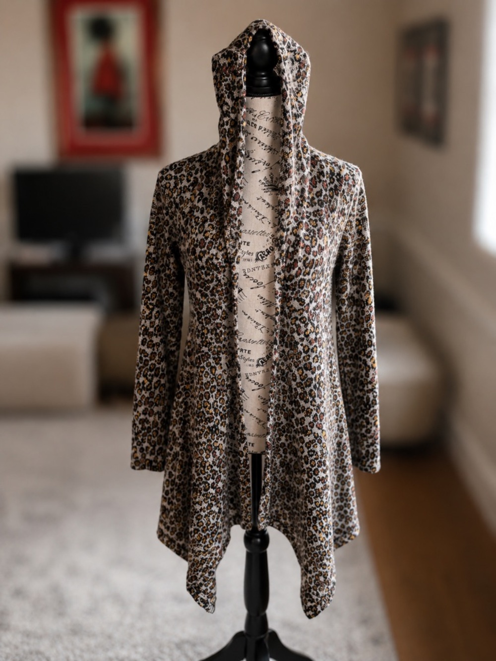 ONE WORLD Hooded Leopard-Print Open Drape Jacket - Brown/Black